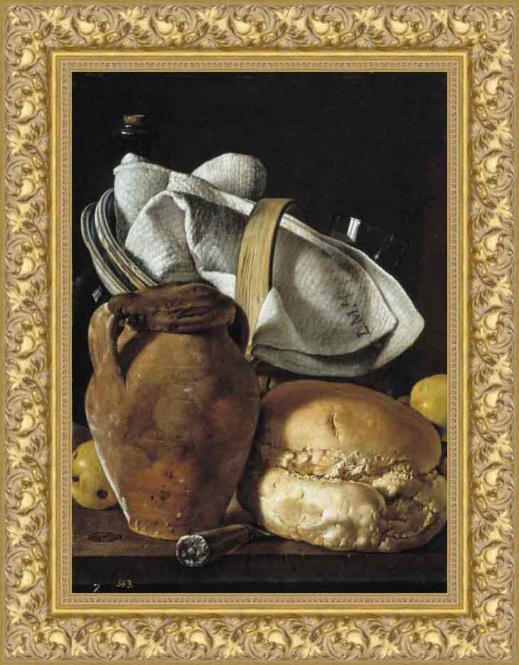 «Натюрморт с кувшином, хлебом и корзиной с посудой» в раме. Мелендес, Луис