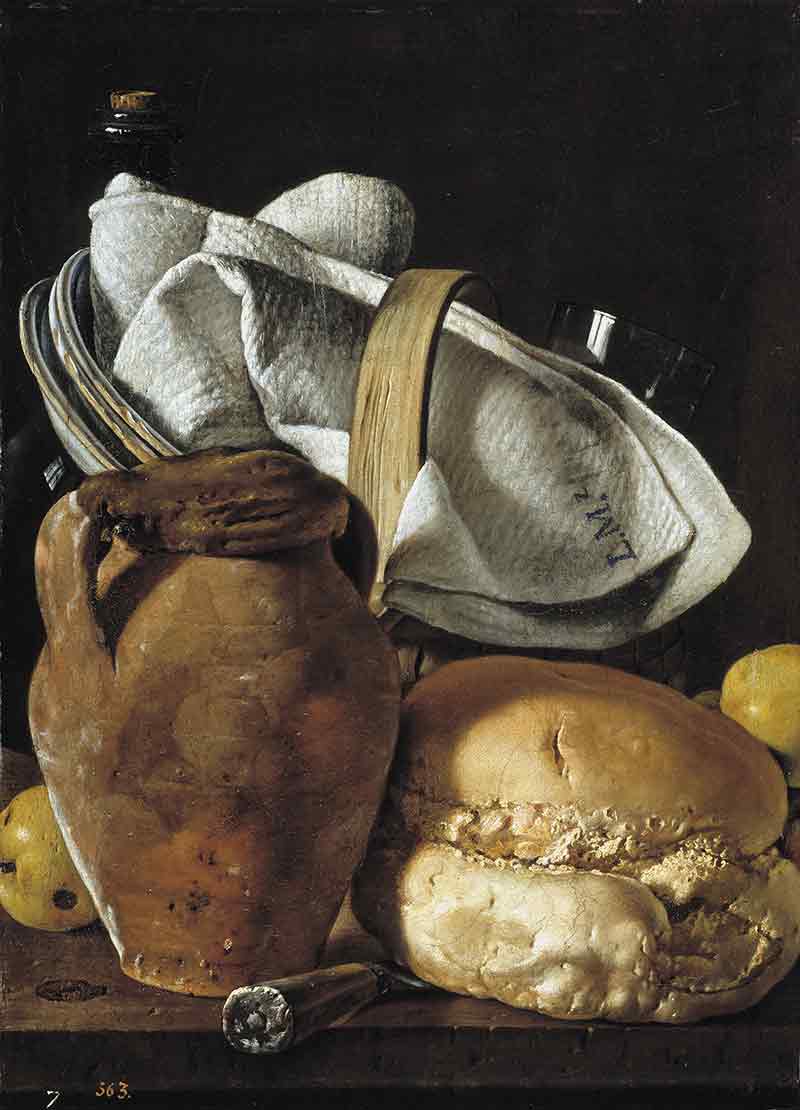 Натюрморт с кувшином, хлебом и корзиной с посудой. Мелендес, Луис