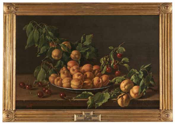 «Натюрморт с тарелкой абрикосов и вишен Морелло» в раме. Мелендес, Луис