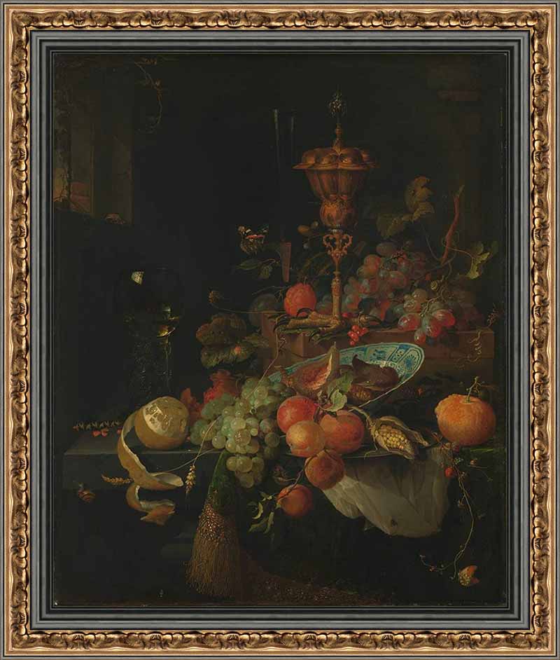 «Натюрморт с фруктами и стаканом на петушиной ножке» в раме. Миньон, Абрахам