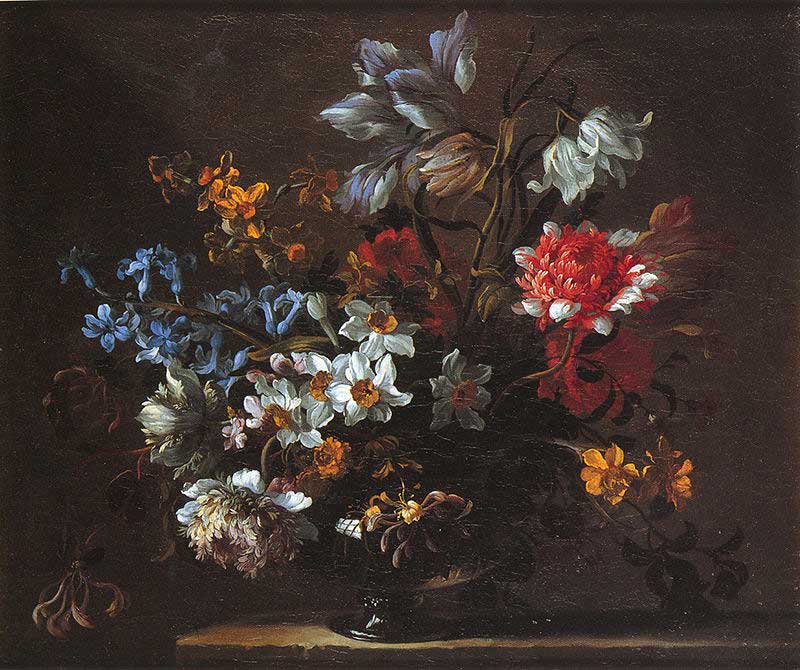 Букет цветов в полупрозрачной вазе. Монье Жан-Батист