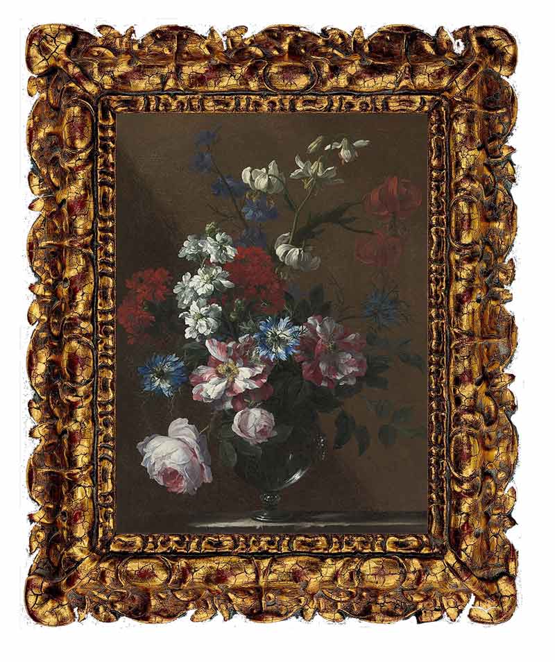 «Букет цветов в стеклянной вазе на мраморных карнизах» в раме. Монье Жан-Батист