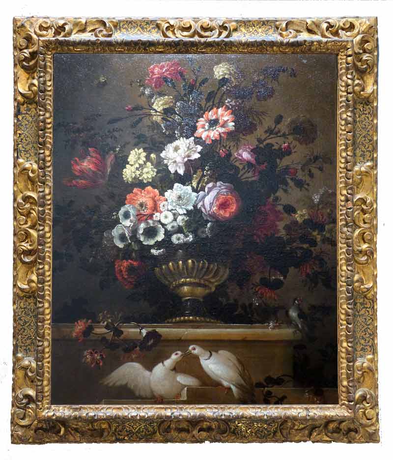 «Натюрморт с цветами и горлицами» в раме. Монье Жан-Батист