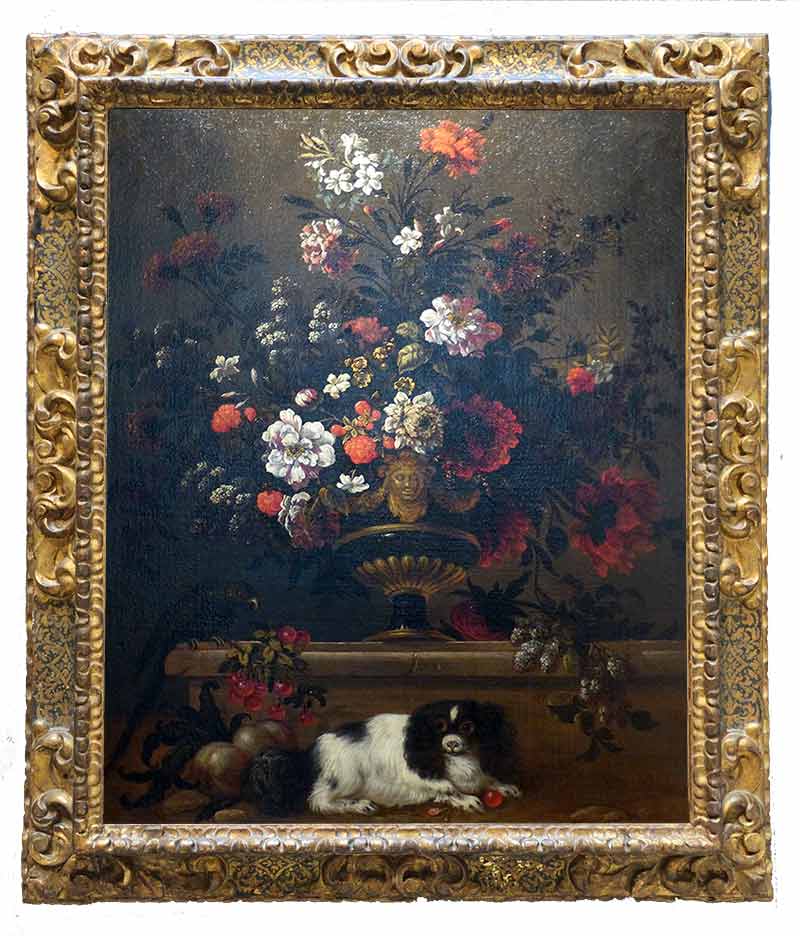 «Натюрморт с цветами и собакой» в раме. Монье Жан-Батист