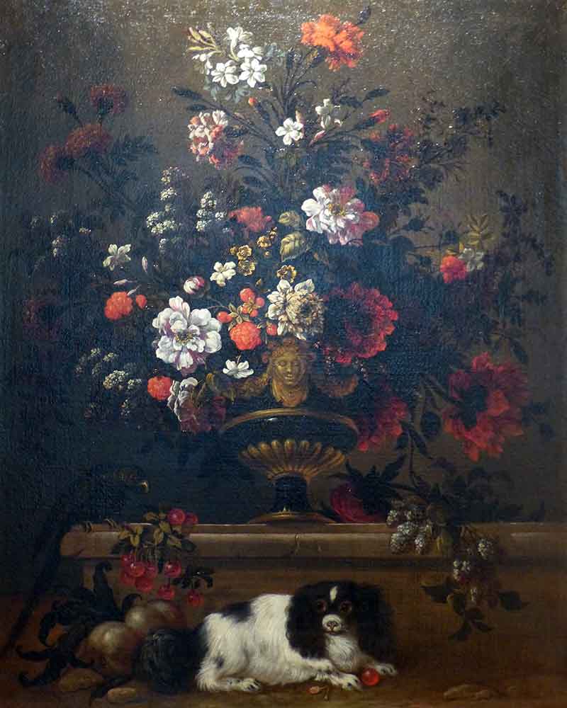 Натюрморт с цветами и собакой. Монье Жан-Батист