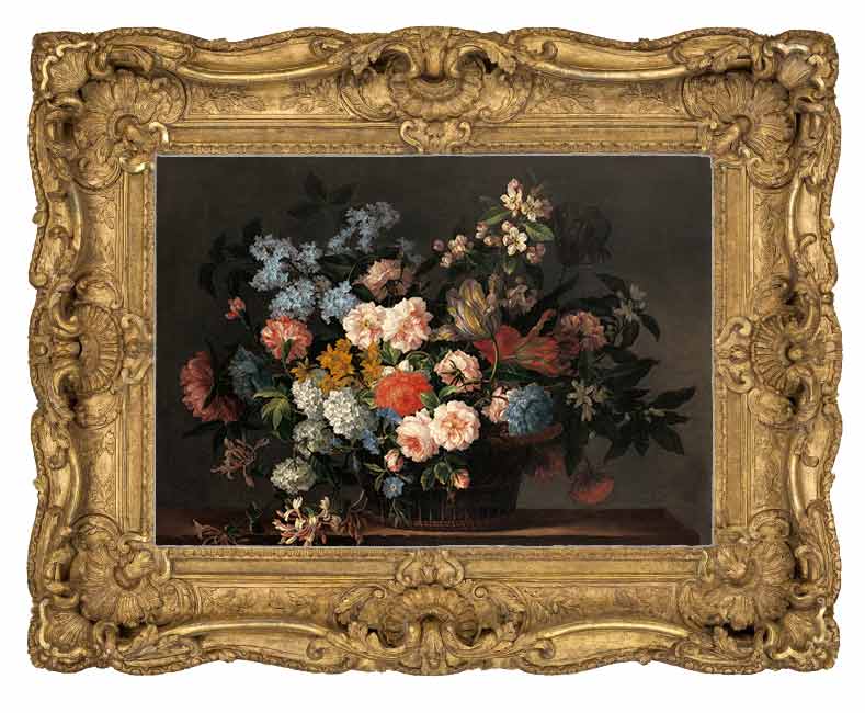 «Натюрморт с корзиной цветов» в раме. Монье Жан-Батист