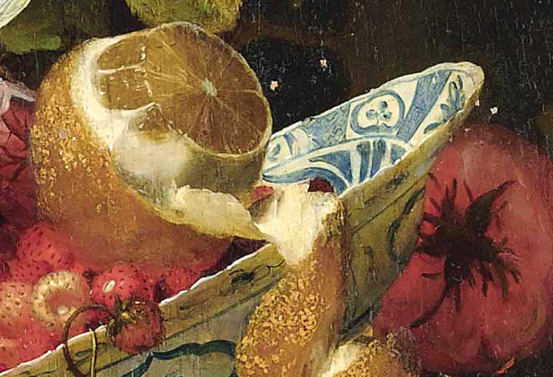 Апельсин, розы, частично очищенный лимон, клубника на фарфоровой тарелке Ванли «краак» с бабочками на каменном выступе.... Фрагмент №1 Мортель Ян