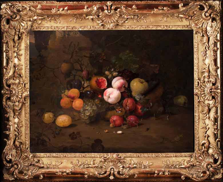 «Фруктовый натюрморт с виноградом, абрикосами, сливами, гранатом, улиткой, бабочкой и жуком» в раме. Мортель Ян