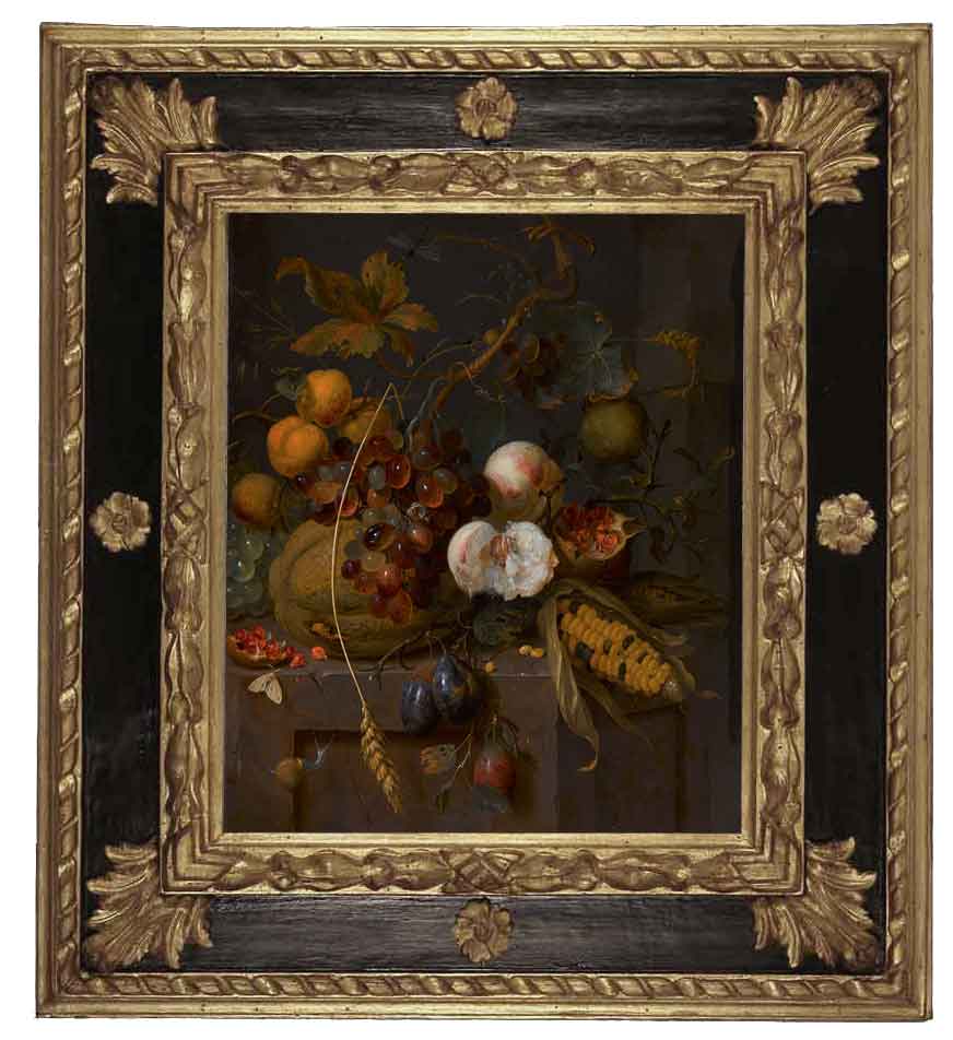 «Натюрморт с кукурузой, гранатом, персиком и абрикосом» в раме. Мортель Ян