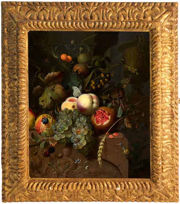 «Натюрморт с персиками, виноградом, яблоками и гранатом на каменном рельефе» в раме. Мортель Ян