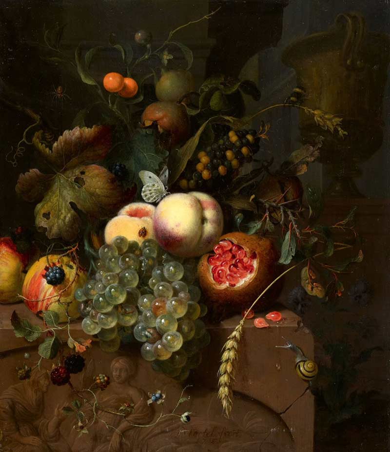 Натюрморт с персиками, виноградом, яблоками и гранатом на каменном рельефе. Мортель Ян