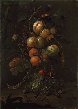 Мортель Ян. Персики, сливы и виноград с кукурузными початками, свисающими над лесной подстилкой