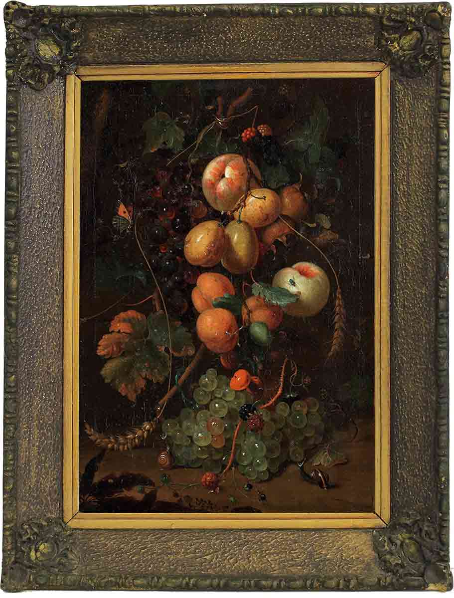 «Персики, сливы и виноград с кукурузными початками, свисающими над лесной подстилкой» в раме. Мортель Ян