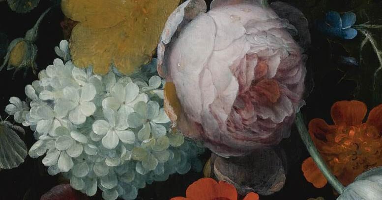Пионы, тюльпаны, розы и другие цветы на выступе с улиткой, жуком и бабочкой. Фрагмент №2 Мортель Ян