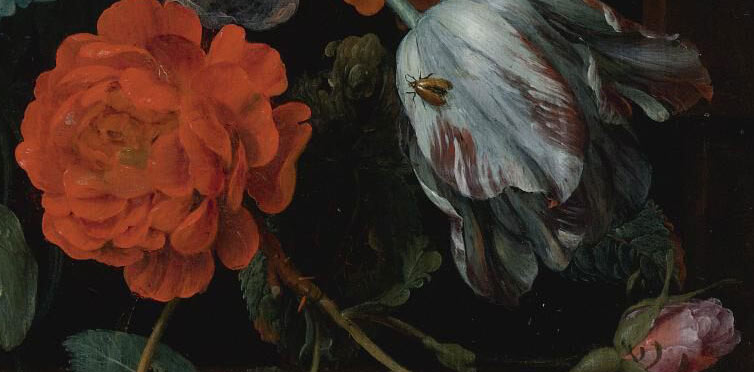 Пионы, тюльпаны, розы и другие цветы на выступе с улиткой, жуком и бабочкой. Фрагмент №3 Мортель Ян