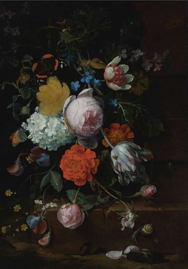 Пионы, тюльпаны, розы и другие цветы на выступе с улиткой, жуком и бабочкой. Мортель Ян