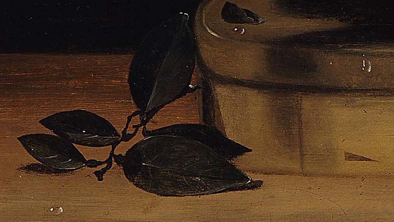 Чаша с лимонами и апельсинами на ящике из стружек и гранатов. Фрагмент №3 Муайон Луиза