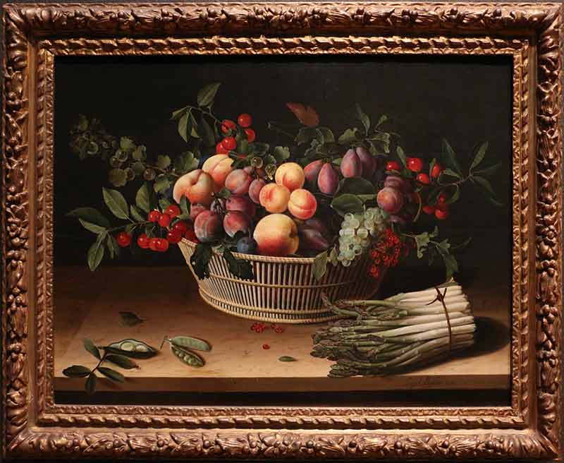 «Натюрморт с корзиной фруктов и гроздью спаржи» в раме. Муайон Луиза