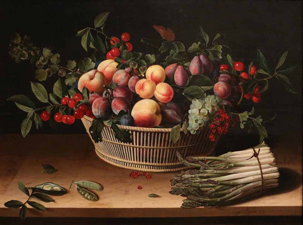 Натюрморт с корзиной фруктов и гроздью спаржи. Муайон Луиза