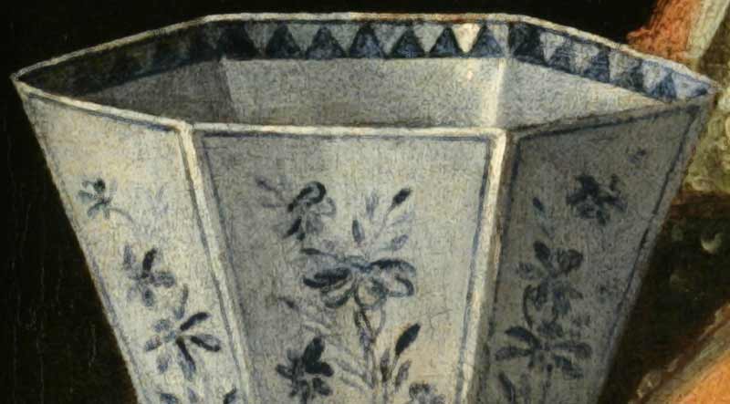 Натюрморт с дыней, восьмиугольная сине-белая чашка на серебряном подносе. Фрагмент №1  Мунари Кристофоро