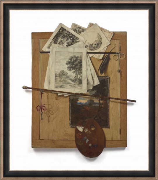 «Тромплей с инструментами и гравюрами художника» в раме.  Мунари Кристофоро
