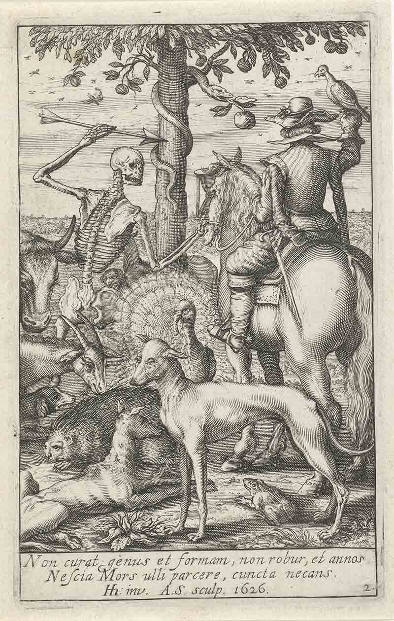 Скелет со стрелой и сокольником среди животных. Наполетано Филиппо