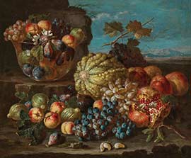 Наварра Пьетро. Дыня, виноград, персики и гранаты перед стеклянной вазой с фруктами, пейзаж за ней