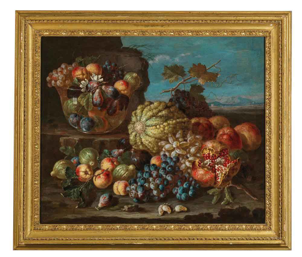 «Дыня, виноград, персики и гранаты перед стеклянной вазой с фруктами, пейзаж за ней» в раме. Наварра Пьетро