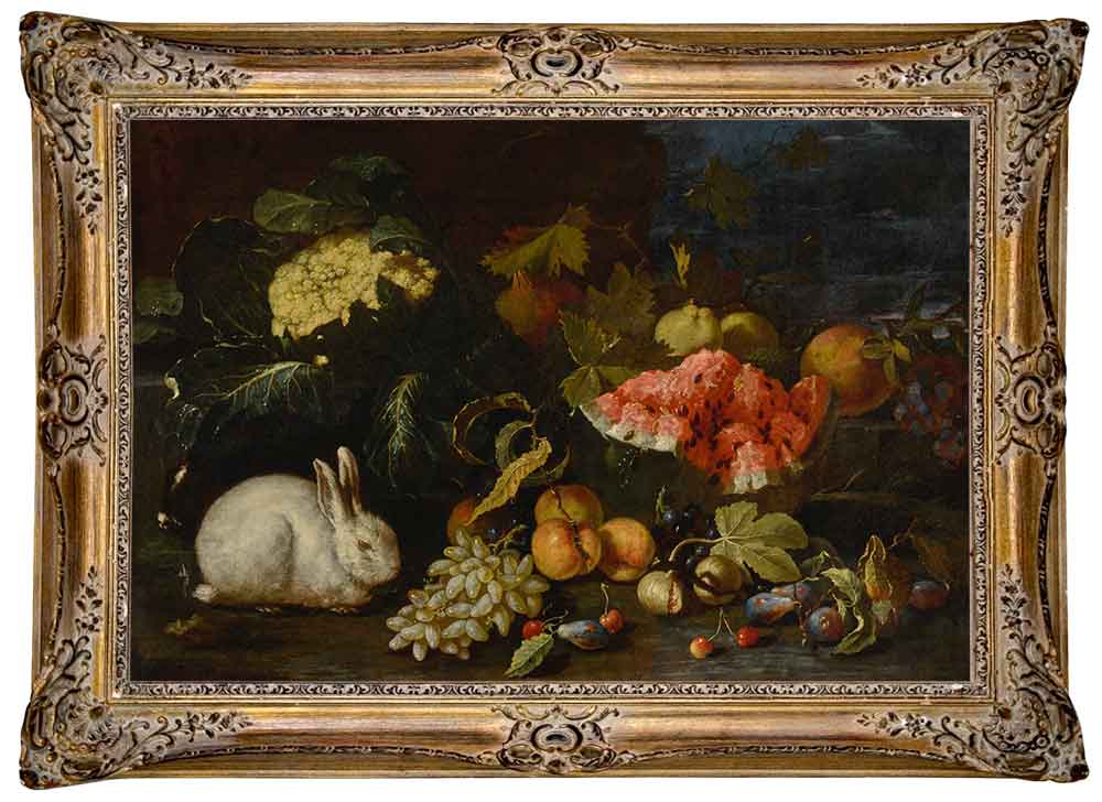 «Овощи и фрукты с кроликами в ландшафте» в раме. Наварра Пьетро