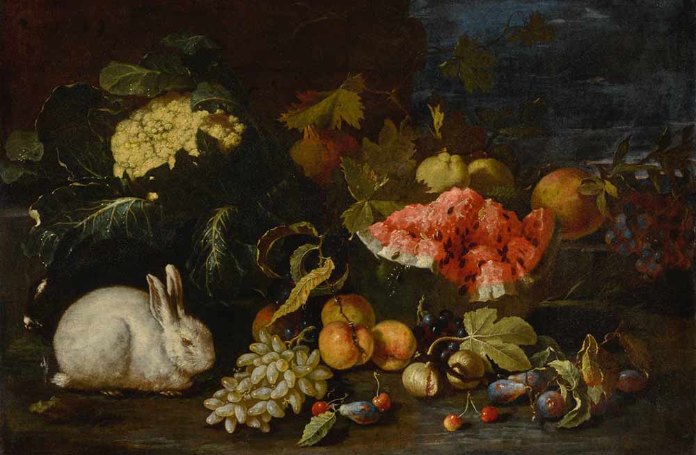 Овощи и фрукты с кроликами в ландшафте. Наварра Пьетро
