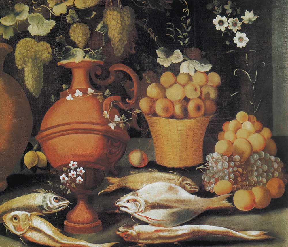 Рыба, керамический кувшин, корзина персиков, виноград и другие фрукты на каменной поверхности. неизвестный художник