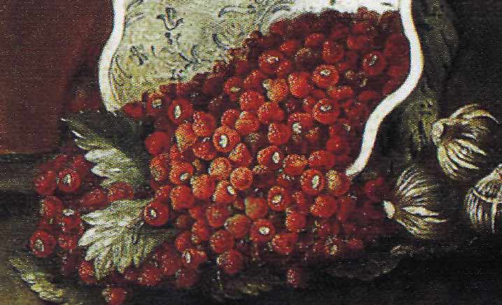 Натюрморт с развешенными виноградом и яблоками в глиняном горшке, ягоды, высыпающиеся из опрокинутой сине-белой чашки, корзина с инжиром и другими плодами на фоне пейзажа. Фрагмент №2 неизвестный художник
