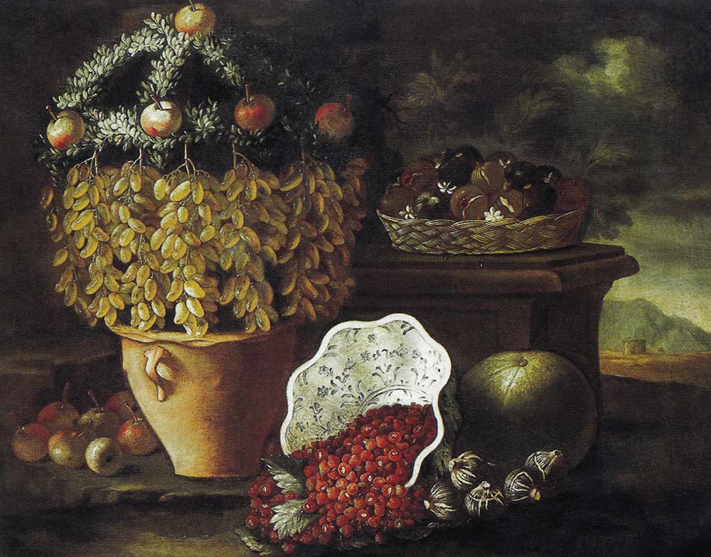 Натюрморт с развешенными виноградом и яблоками в глиняном горшке, ягоды, высыпающиеся из опрокинутой сине-белой чашки, корзина с инжиром и другими плодами на фоне пейзажа. неизвестный художник