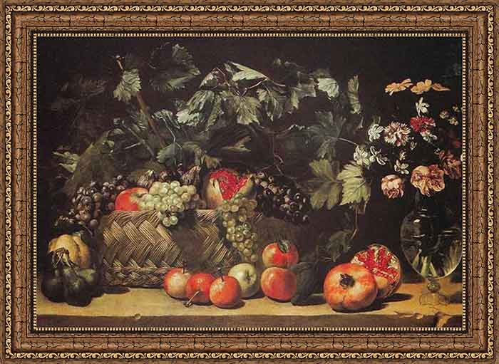 «Натюрморт с фруктами и со стеклянной вазой» в раме. Неизвестный римский художник 17 века