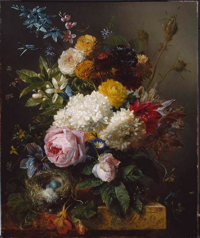 Букет цветов и птичье гнездо на каменном постаменте. Ос Георг Якоб Иоганн ван