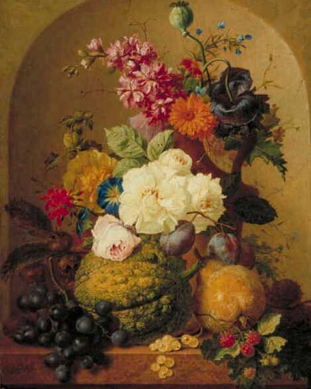 Натюрморт из фруктов и цветов в нише. Ос Георг Якоб Иоганн ван