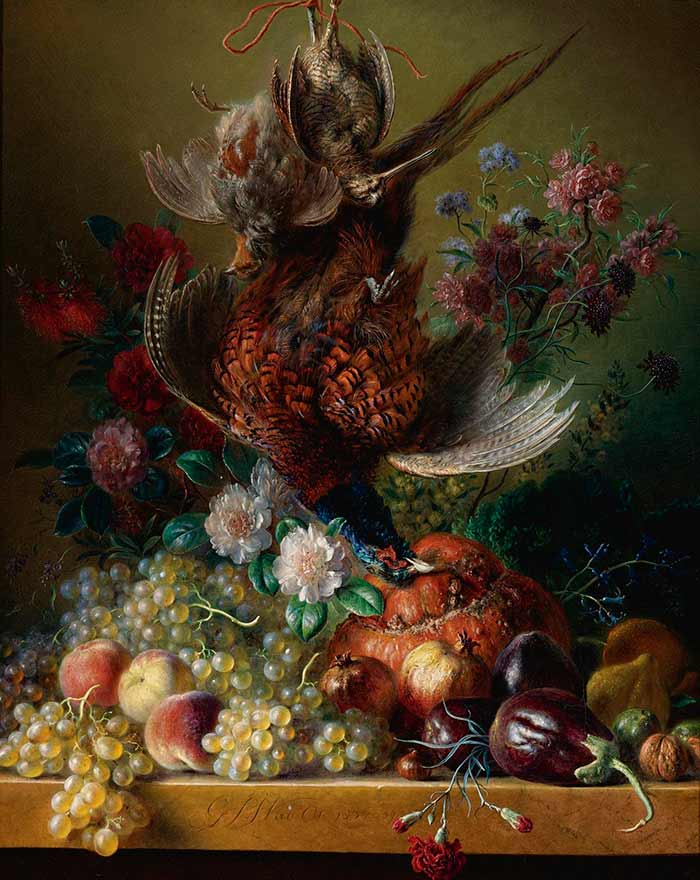 Картины на заказ на холсте. «Натюрморт с цветами, фруктами и птицей»