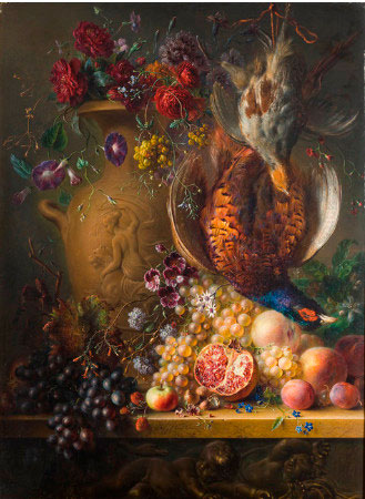 Натюрморт с цветами, фруктами и птицей. Ос Георг Якоб Иоганн ван