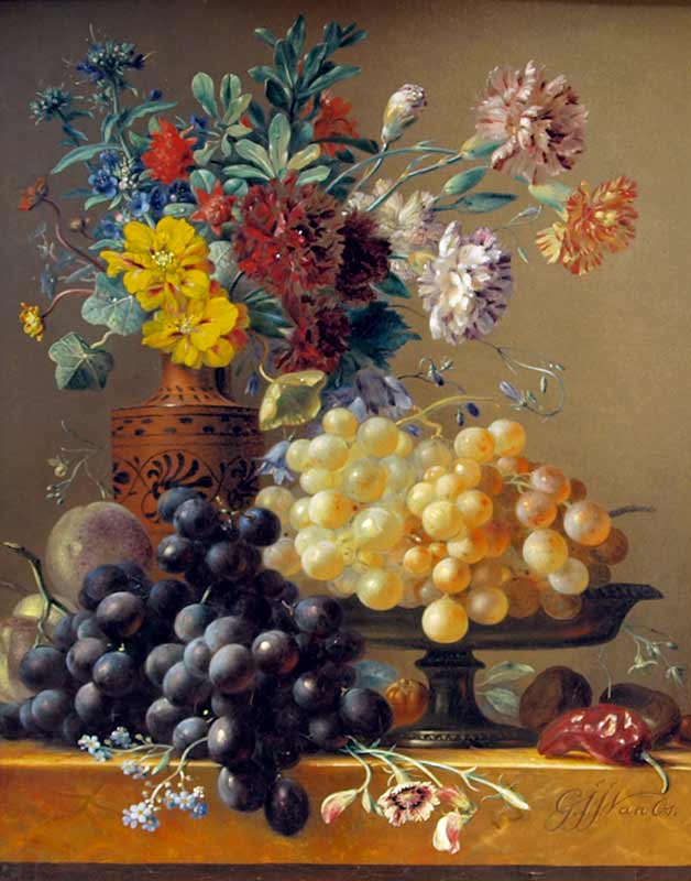 Картины на заказ на холсте. «Натюрморт с цветами и фруктами в греческой вазе»