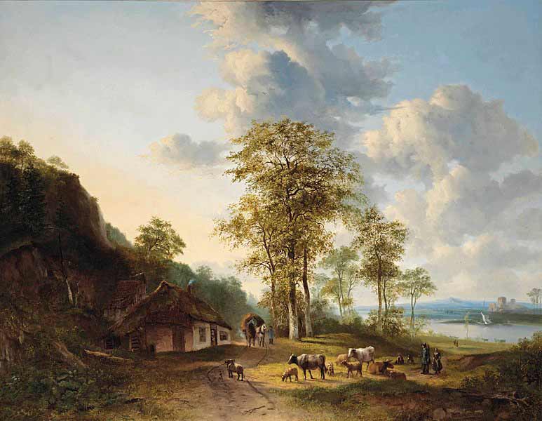 Речной пейзаж с фермерами и скотом. Ос Георг Якоб Иоганн ван
