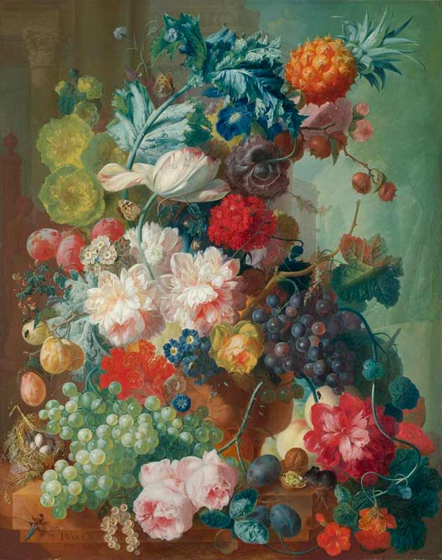 Красивая картина для домашнего интерьера «Фрукты и цветы в терракотовой вазе»