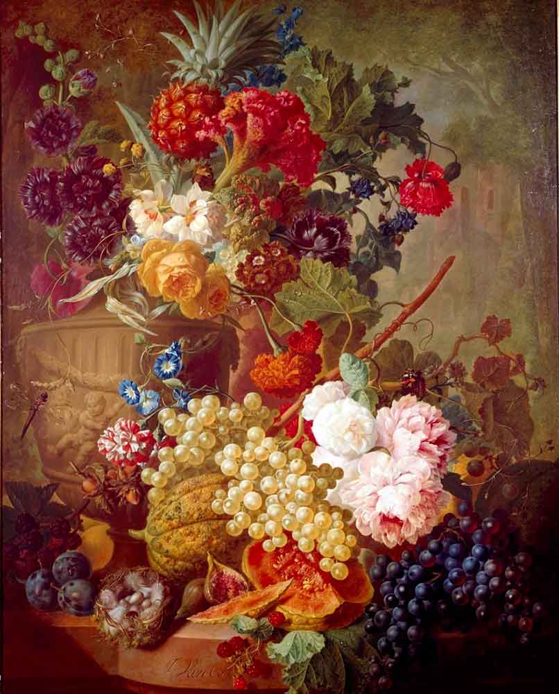 Натюрморт фруктами и цветами