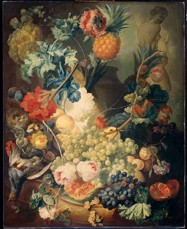 Красивая картина для домашнего интерьера. «Натюрморт с цветами, фруктами и птицей»