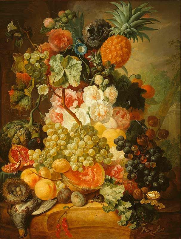 Красивая картина для домашнего интерьера «Натюрморт с цветами, фруктами и ягодами»