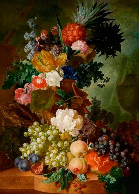 Красивая картина для домашнего интерьера «Ваза с цветами и фруктами»