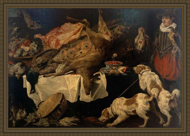 Охотник и собаки у стола с мертвой дичью и фруктами