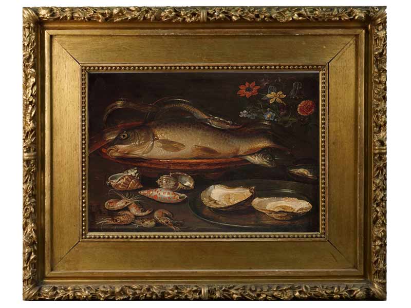 «Натюрморт с рыбой, устрицами и креветками» в раме. Петерс, Клара