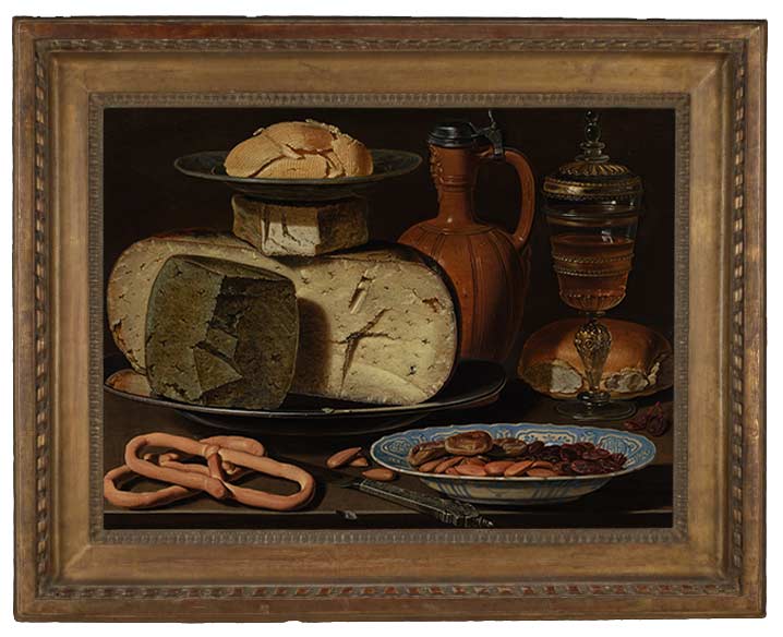 «Натюрморт с сыром, хлебом и сосудами для питья» в раме. Петерс, Клара