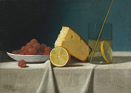 Пето, Джон Фредерик. Натюрморт с тортом, лимоном, клубникой и стаканом