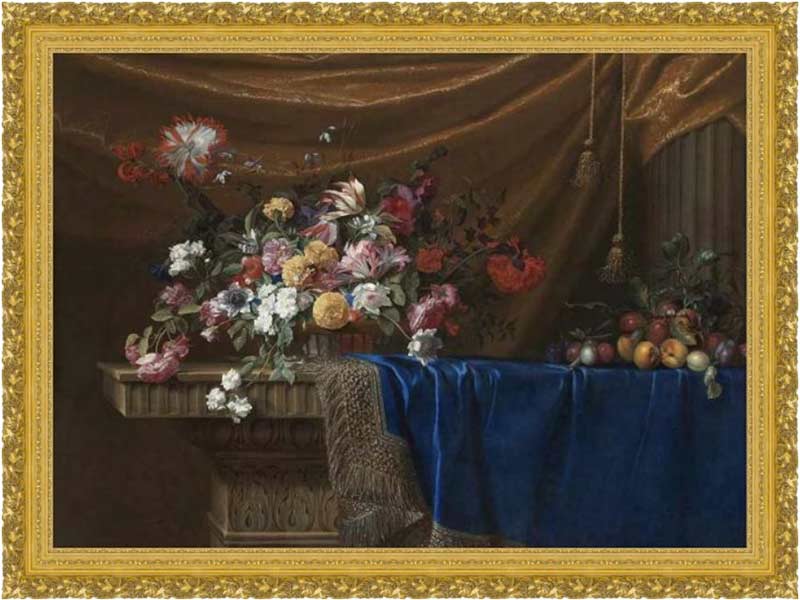«Натюрморт с корзиной цветов и горкой фруктов на скульптурном каменном столе, частично покрытом синим бархатом, тканью с золотой и серебряной бахромой с драпировкой и каменной колонной на заднем плане» в раме. Пикар, Жан Мишель